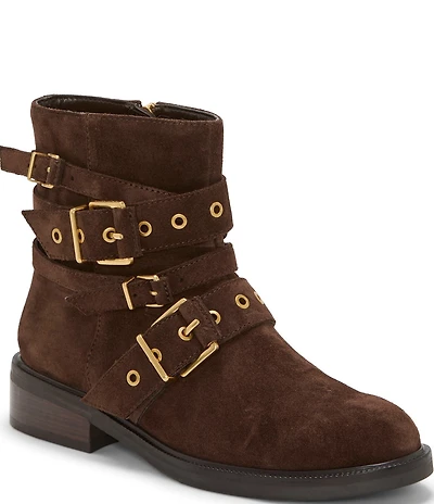 Vince Camuto Arielle Suede Multi Buckle Hardware Moto Booties