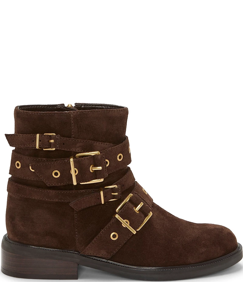 Vince Camuto Arielle Suede Multi Buckle Hardware Moto Booties
