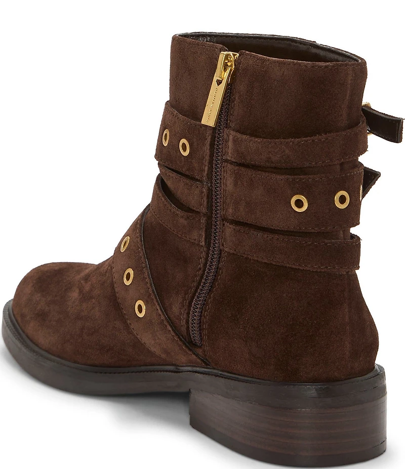 Vince Camuto Arielle Suede Multi Buckle Hardware Moto Booties