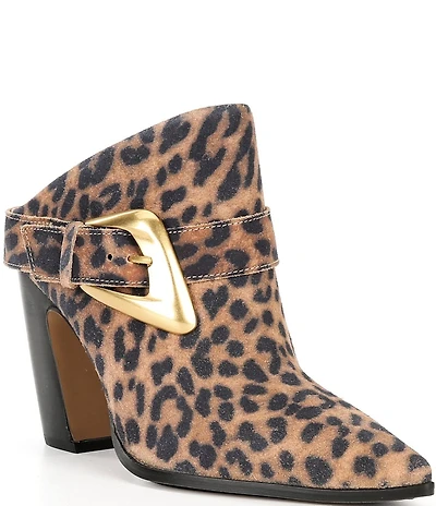 Vince Camuto Baily Leopard Print Suede Big Buckle Hardware Pointed Toe Dress Mules