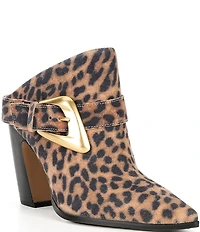 Vince Camuto Baily Leopard Print Suede Big Buckle Hardware Pointed Toe Dress Mules