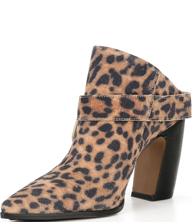 Vince Camuto Baily Leopard Print Suede Big Buckle Hardware Pointed Toe Dress Mules