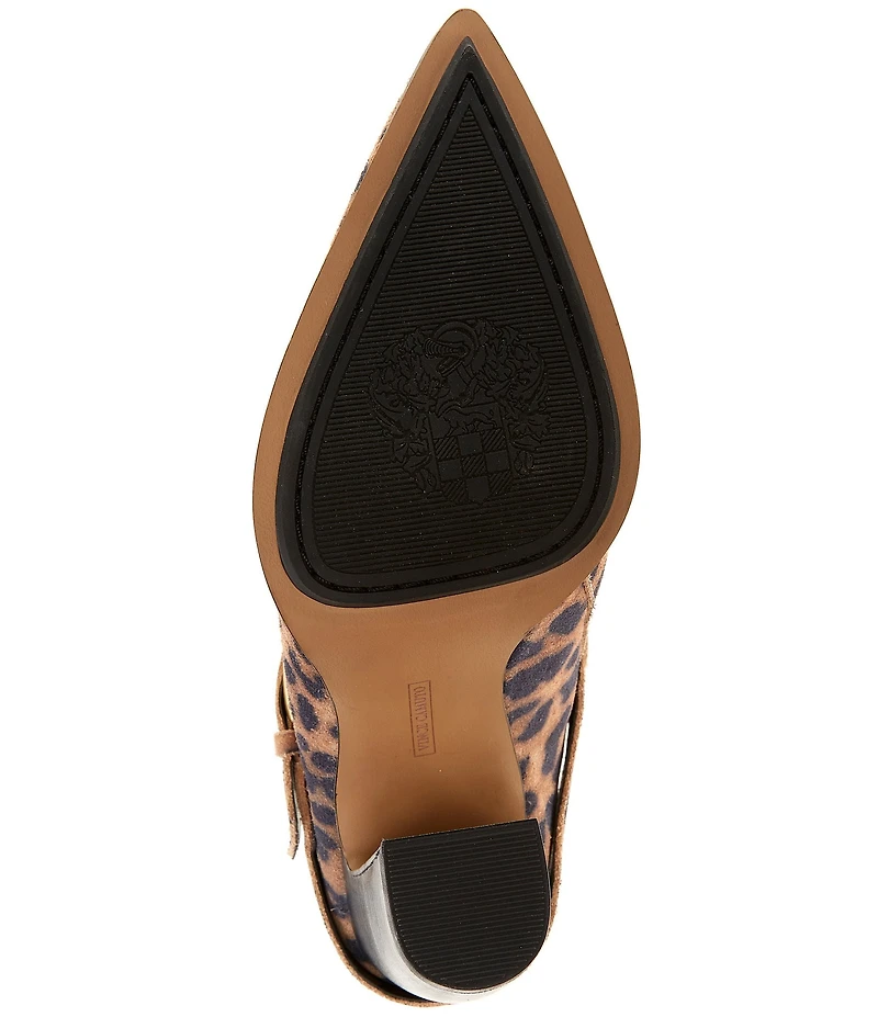 Vince Camuto Baily Leopard Print Suede Big Buckle Hardware Pointed Toe Dress Mules