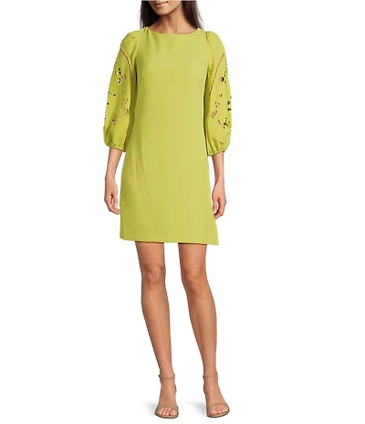 Vince Camuto Boat Neck 3/4 Laser-Cut Puff Sleeve Stretch Crepe Sheath Dress