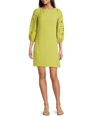Vince Camuto Boat Neck 3/4 Laser-Cut Puff Sleeve Stretch Crepe Sheath Dress
