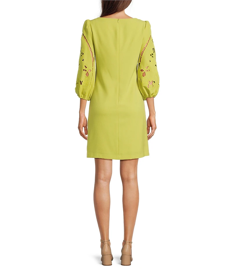 Vince Camuto Boat Neck 3/4 Laser-Cut Puff Sleeve Stretch Crepe Sheath Dress