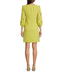Vince Camuto Boat Neck 3/4 Laser-Cut Puff Sleeve Stretch Crepe Sheath Dress