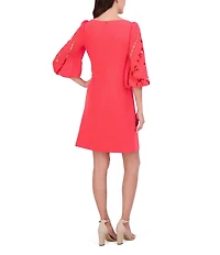 Vince Camuto Boat Neck 3/4 Laser-Cut Puff Sleeve Stretch Crepe Sheath Dress