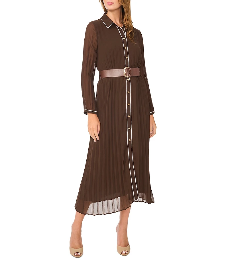 Vince Camuto Button Down Collar Long Sleeve Chiffon Trim Dress