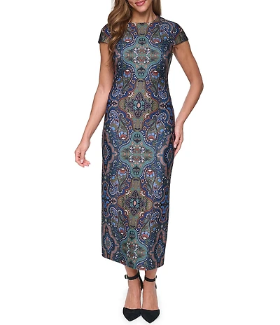 Vince Camuto Cap Sleeve Printed Midi Dress
