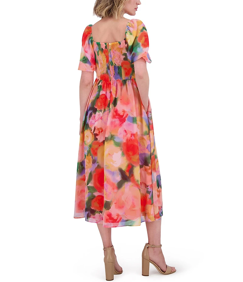 Vince Camuto Chiffon Floral Print V-Neck Short Sleeve A-Line Midi Dress