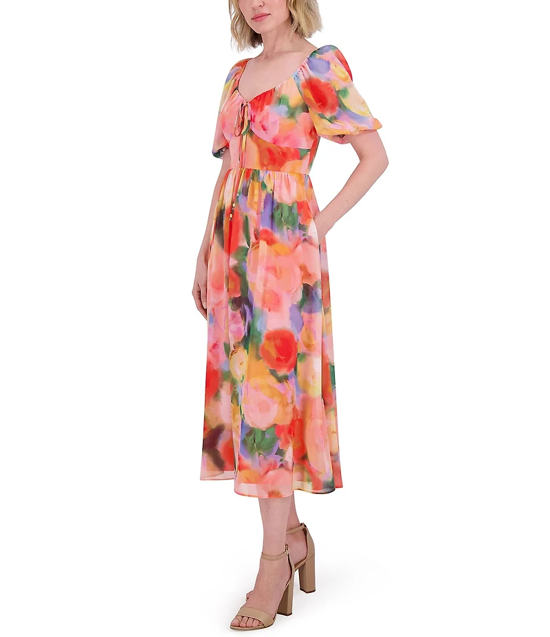 Vince Camuto Chiffon Floral Print V-Neck Short Sleeve A-Line Midi Dress