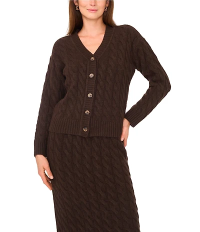 Vince Camuto Coordinating Cable Knit V-Neck Long Sleeve Cardigan