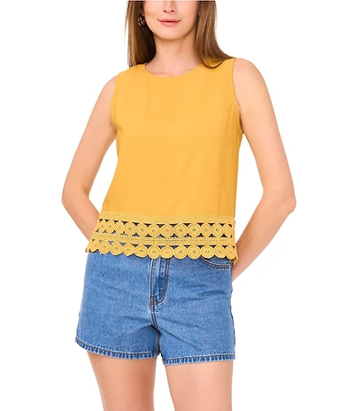 Vince Camuto Coordinating Woven Crew Neck Sleeveless Lace Hem Blouse