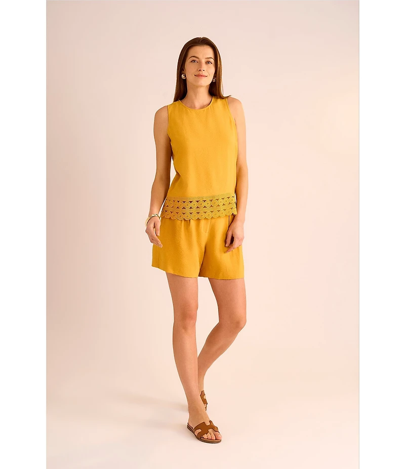 Vince Camuto Coordinating Woven Crew Neck Sleeveless Lace Hem Blouse