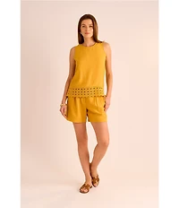 Vince Camuto Coordinating Woven Crew Neck Sleeveless Lace Hem Blouse