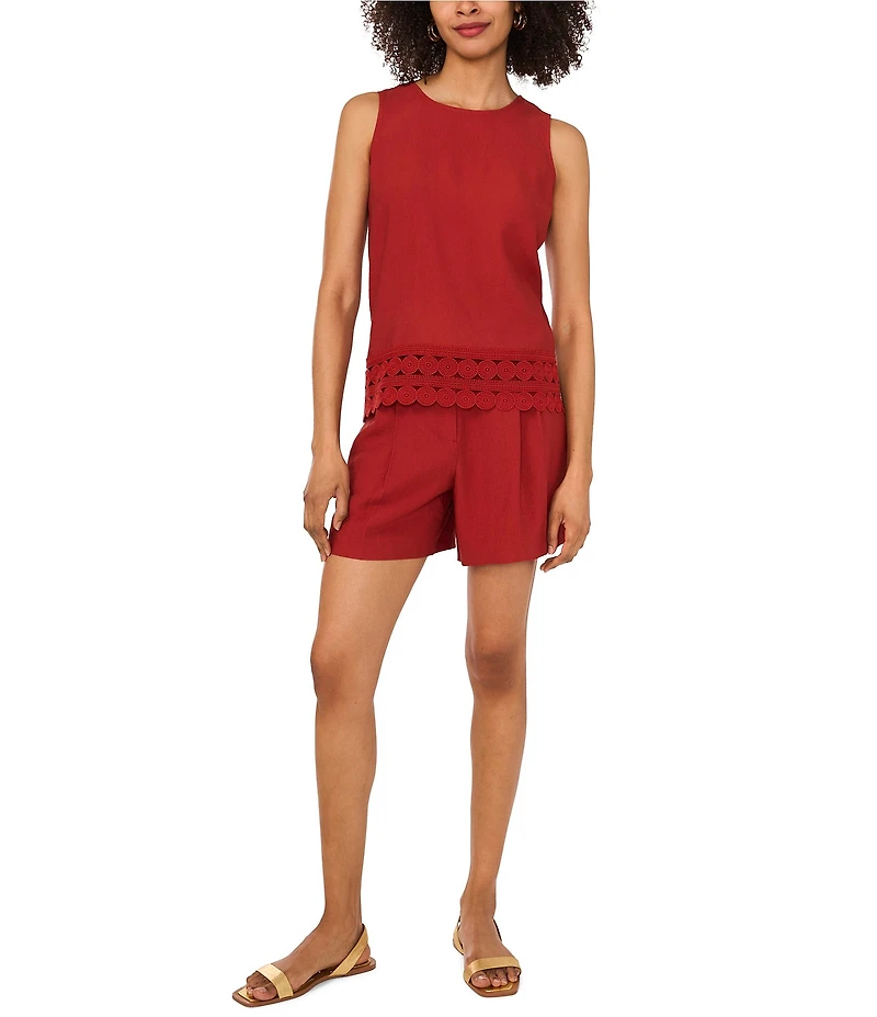 Vince Camuto Coordinating Woven Crew Neck Sleeveless Lace Hem Blouse