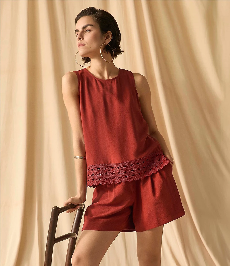 Vince Camuto Coordinating Woven Crew Neck Sleeveless Lace Hem Blouse