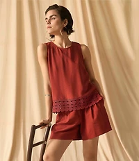 Vince Camuto Coordinating Woven Crew Neck Sleeveless Lace Hem Blouse
