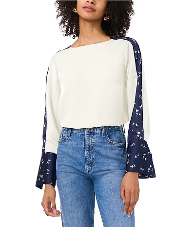 Vince Camuto Crew Neck Long Floral Sleeve Split Button Cuff Blouse