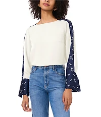 Vince Camuto Crew Neck Long Floral Sleeve Split Button Cuff Blouse