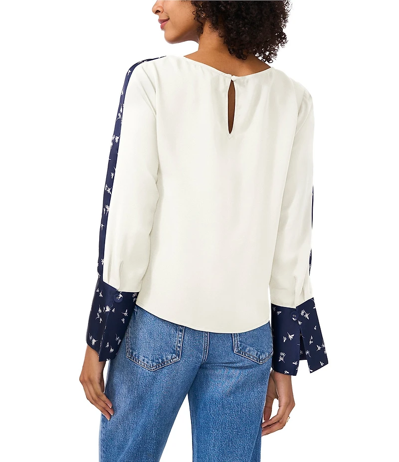Vince Camuto Crew Neck Long Floral Sleeve Split Button Cuff Blouse