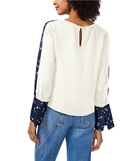 Vince Camuto Crew Neck Long Floral Sleeve Split Button Cuff Blouse