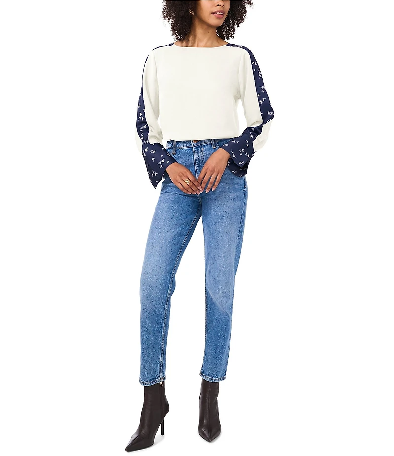 Vince Camuto Crew Neck Long Floral Sleeve Split Button Cuff Blouse