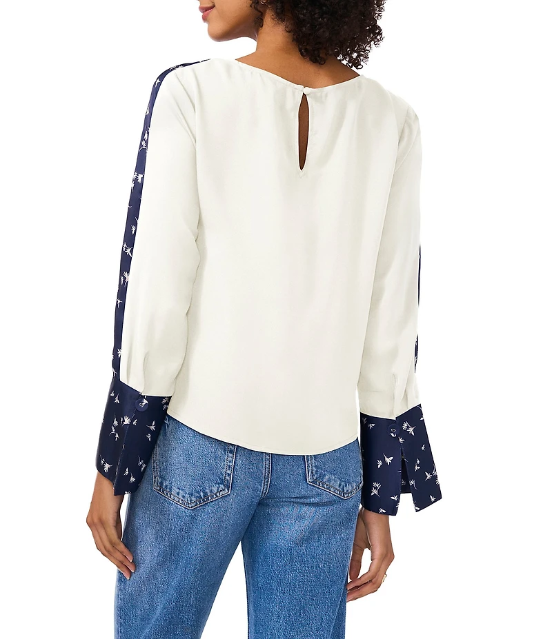Vince Camuto Crew Neck Long Floral Sleeve Split Button Cuff Blouse