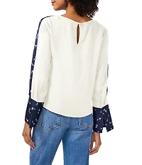 Vince Camuto Crew Neck Long Floral Sleeve Split Button Cuff Blouse