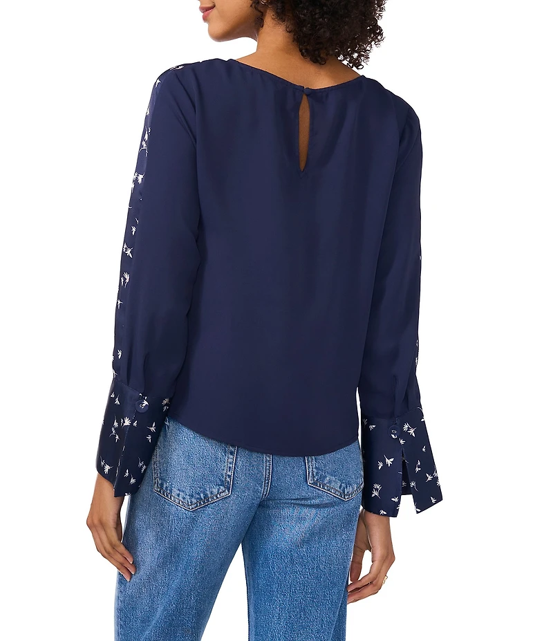 Vince Camuto Crew Neck Long Floral Sleeve Split Button Cuff Blouse