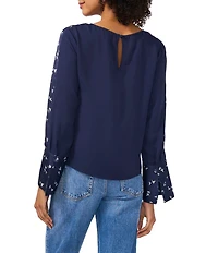 Vince Camuto Crew Neck Long Floral Sleeve Split Button Cuff Blouse