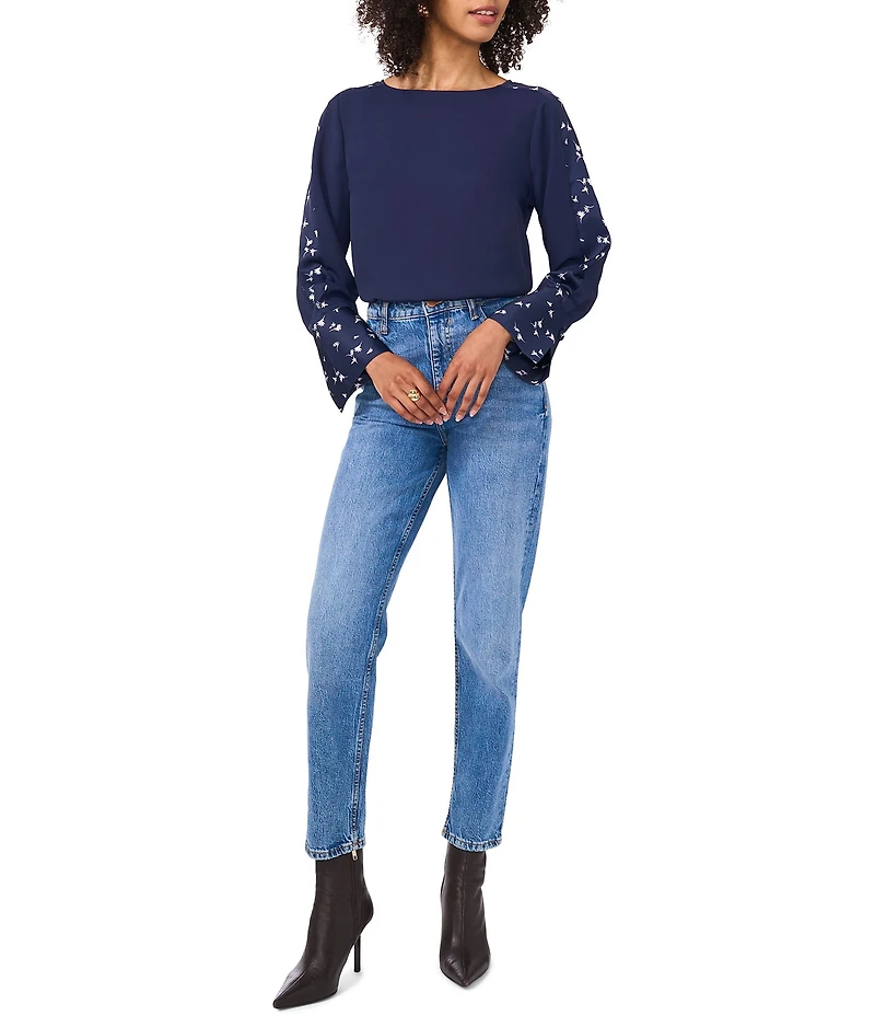 Vince Camuto Crew Neck Long Floral Sleeve Split Button Cuff Blouse