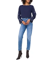 Vince Camuto Crew Neck Long Floral Sleeve Split Button Cuff Blouse