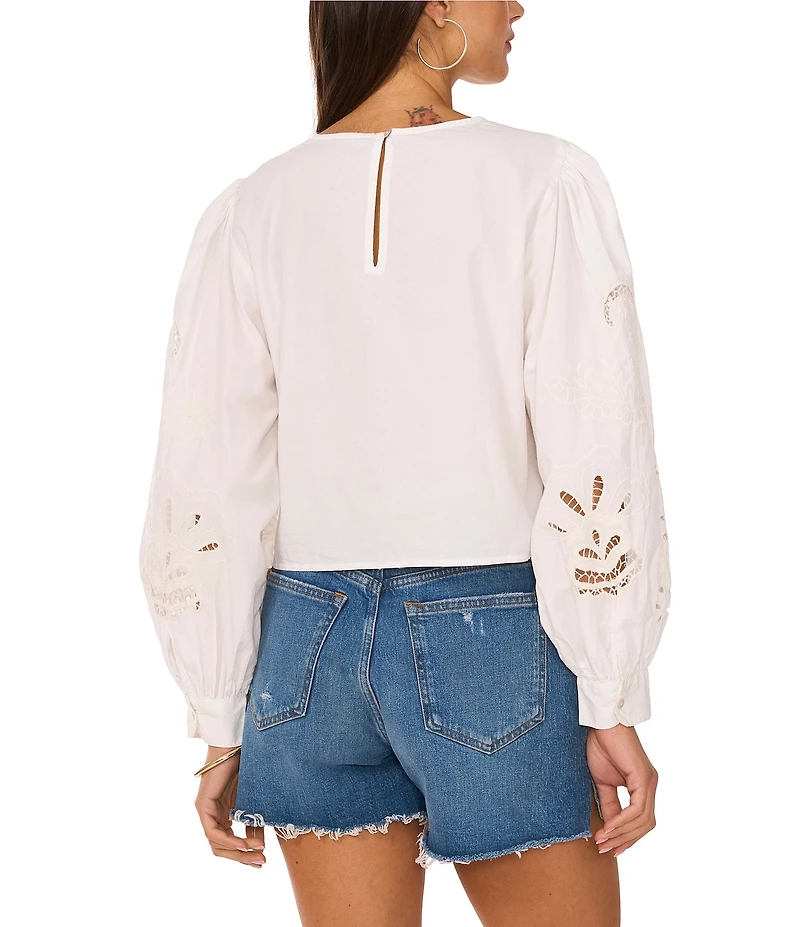 Vince Camuto Crew Neck Long Sleeve Embroidered Blouse