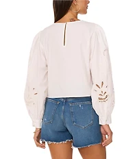 Vince Camuto Crew Neck Long Sleeve Embroidered Blouse