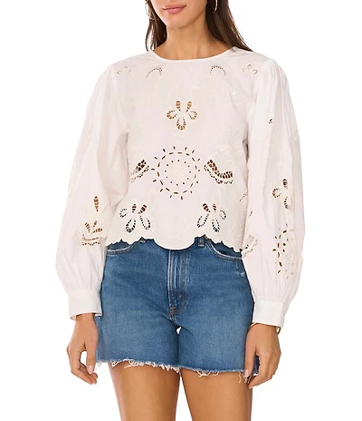 Vince Camuto Crew Neck Long Sleeve Embroidered Blouse