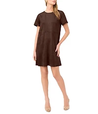 Vince Camuto Crew Neck Short Sleeve Suede Mini Dress