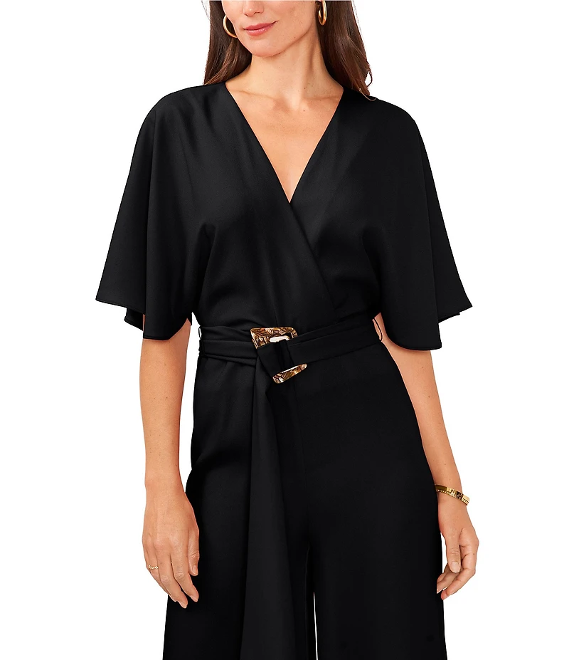 Vince Camuto Crinkle Twill V-Neck Short Sleeve Belted Wide Leg Jumpsuit