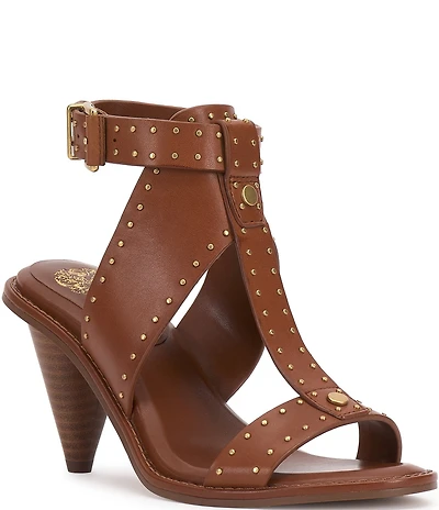 Vince Camuto Faunie Leather Studded T-Strap Cone Heel Sandals