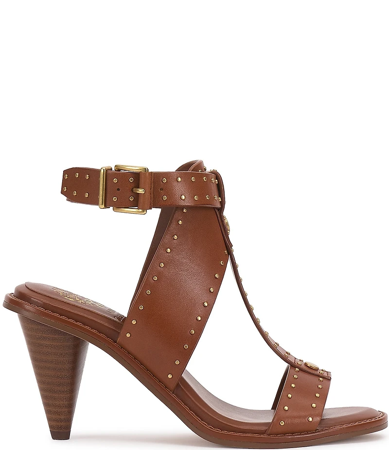 Vince Camuto Faunie Leather Studded T-Strap Cone Heel Sandals