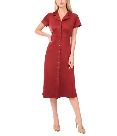 Vince Camuto Faux Suede Point Collar Short Sleeve Button Front Dress