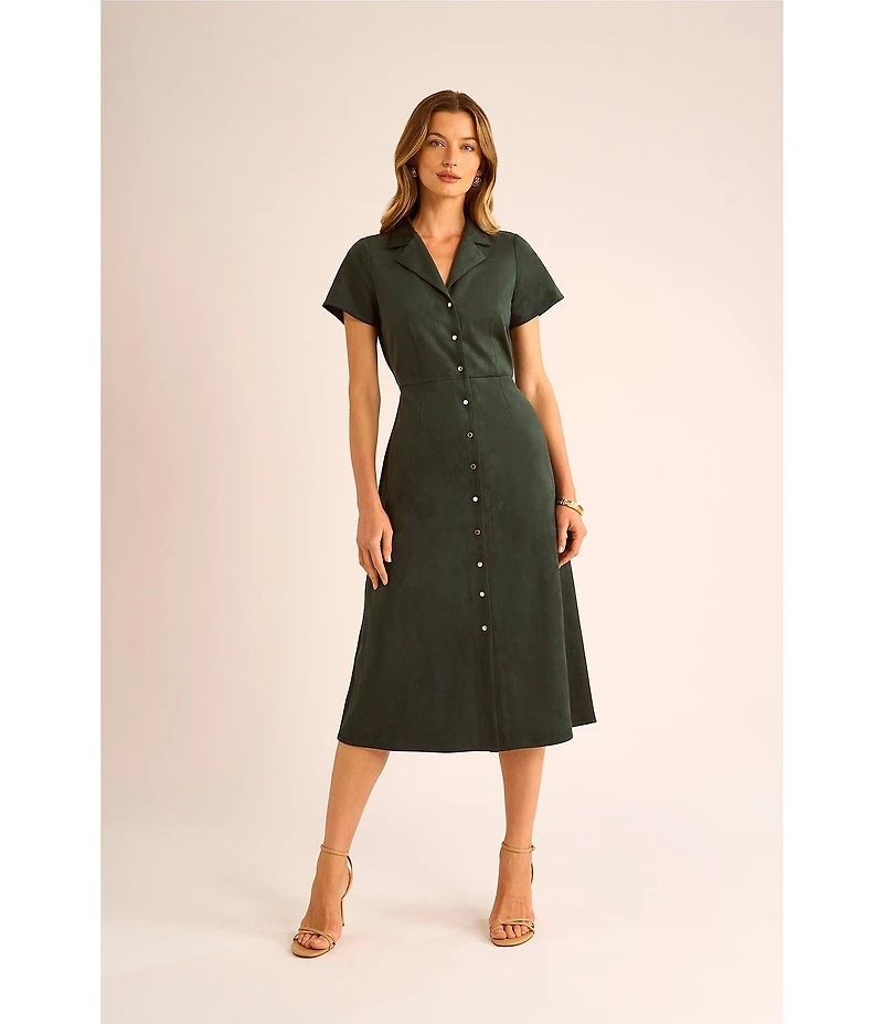 Vince Camuto Faux Suede Point Collar Short Sleeve Button Front Dress