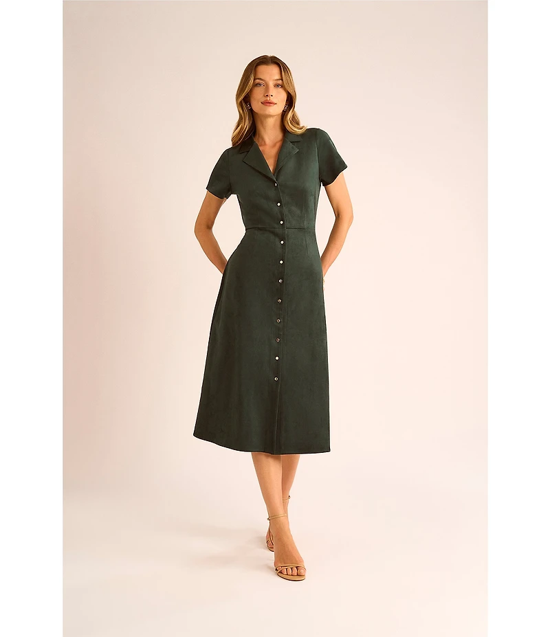 Vince Camuto Faux Suede Point Collar Short Sleeve Button Front Dress