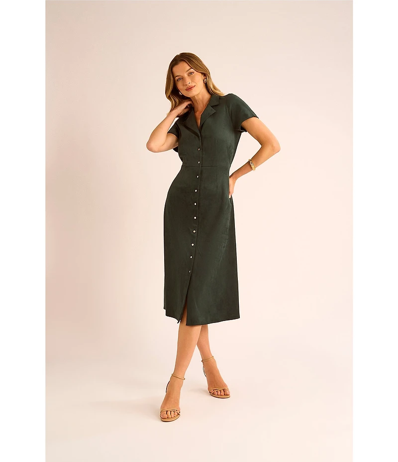 Vince Camuto Faux Suede Point Collar Short Sleeve Button Front Dress