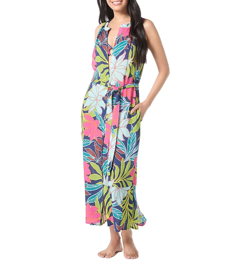 Vince Camuto Fiji Floral Sleeveless Belted Swim Cover-Up Dress