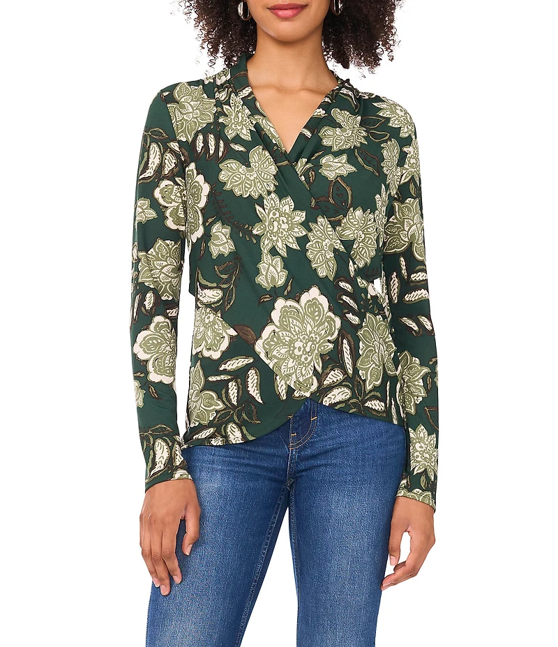 Vince Camuto Floral Knit Cowl V-Neck Long Sleeve Wrap Top