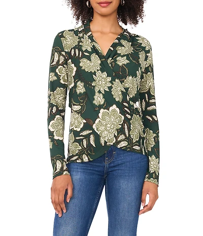 Vince Camuto Floral Knit Cowl V-Neck Long Sleeve Wrap Top