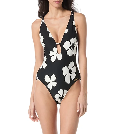 Vince Camuto Floral Plunge V-Neck One Piece Swimsuit
