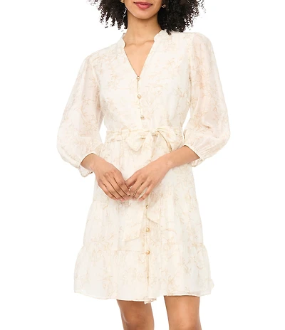 Vince Camuto Floral Print Crew Neck Long Sleeve Mini Button Front Dress